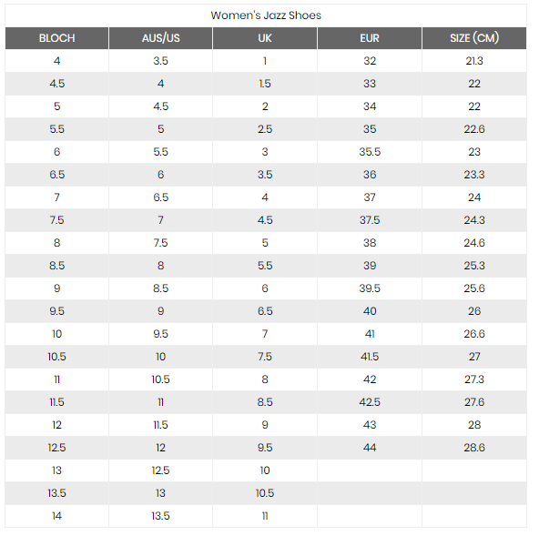 Jazz Shoes Size Chart